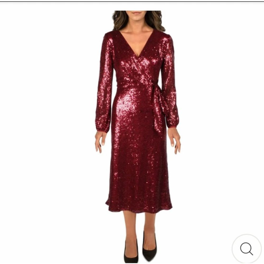 Lauren Ralph Lauren Red Sequined Long Sleeved V-Neck Party Dress 6